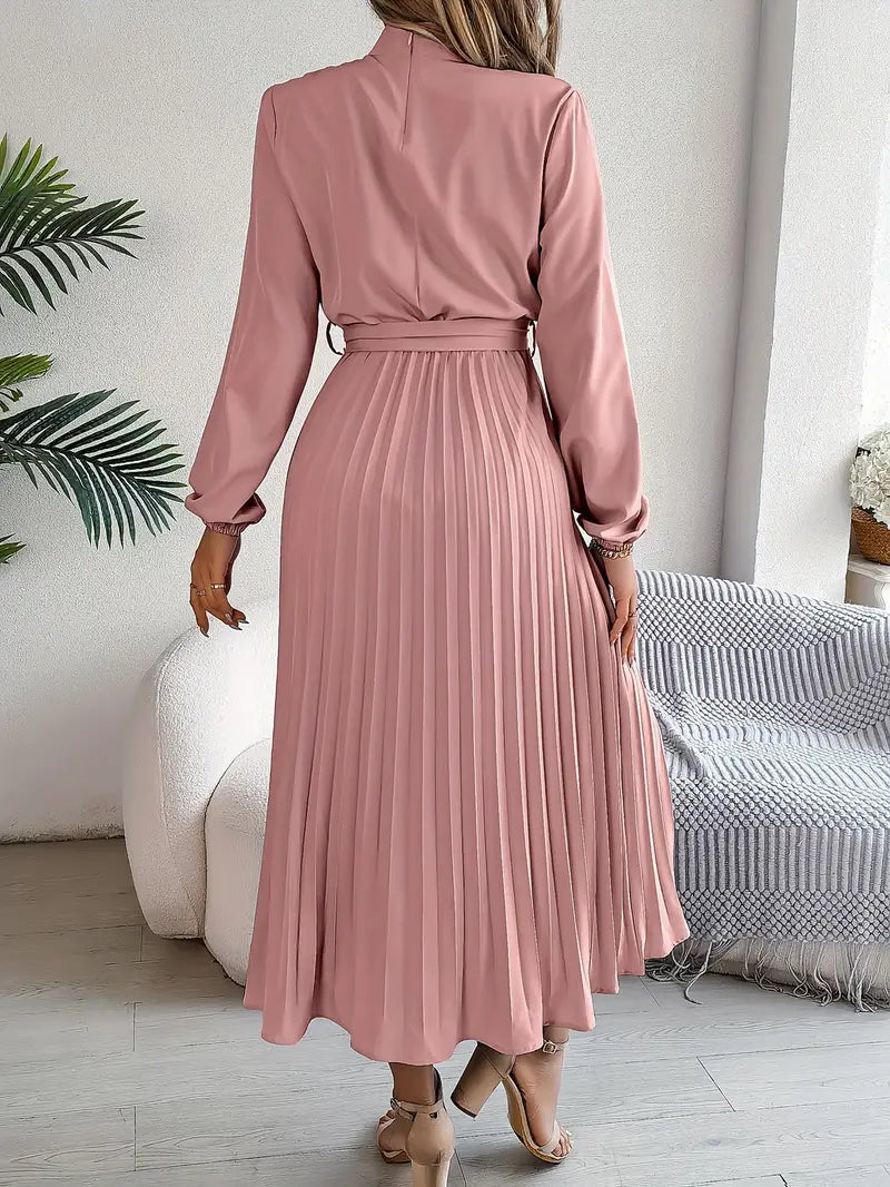 Women's Stylish Solid Colour Dress with Stand-Up Collar and Pleated Belt | Ideal for Summer