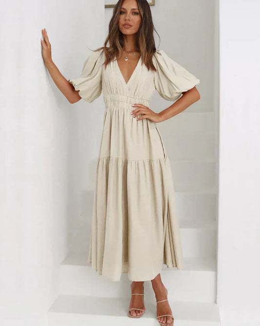 Camila - V-Neck Dress - Casual - Elasticated Waist - Ideal for Spring and Summer