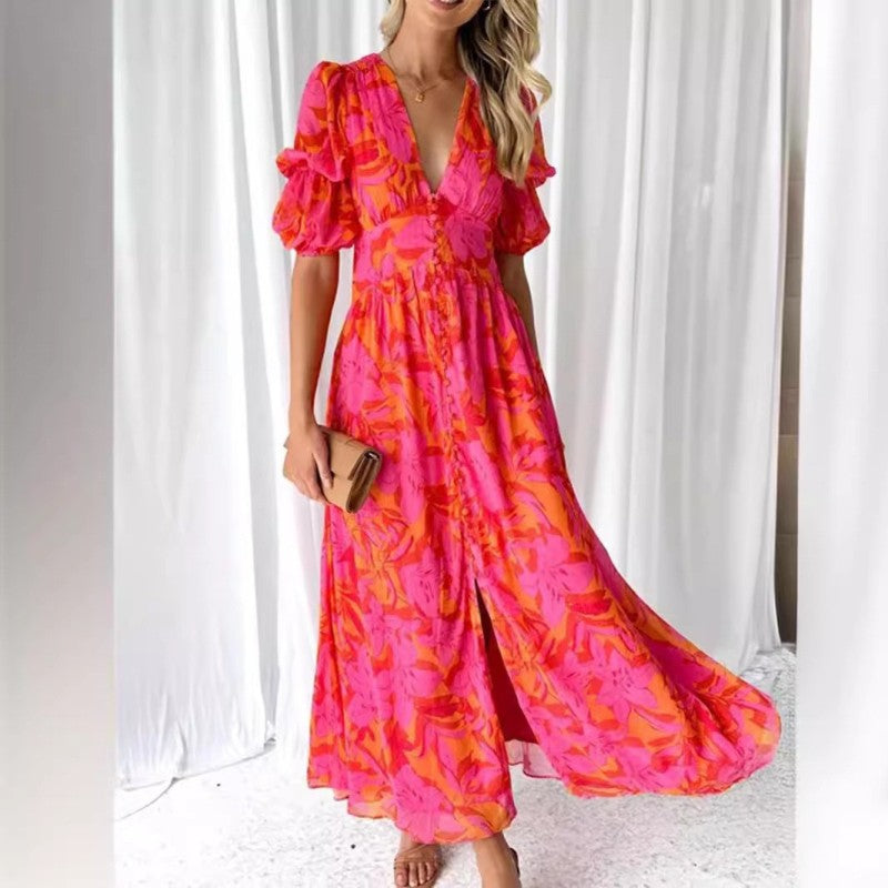 Women's Trendy Rose Print Maxi Dress with Deep V-Neck | Ideal for Summer