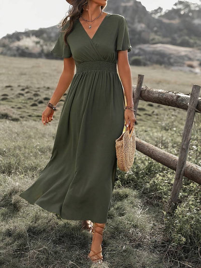 Women's Stretchy Green Waist V-neck Summer Dress | Ideal for Summer