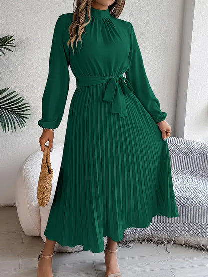 Women's Stylish Solid Colour Dress with Stand-Up Collar and Pleated Belt | Ideal for Summer