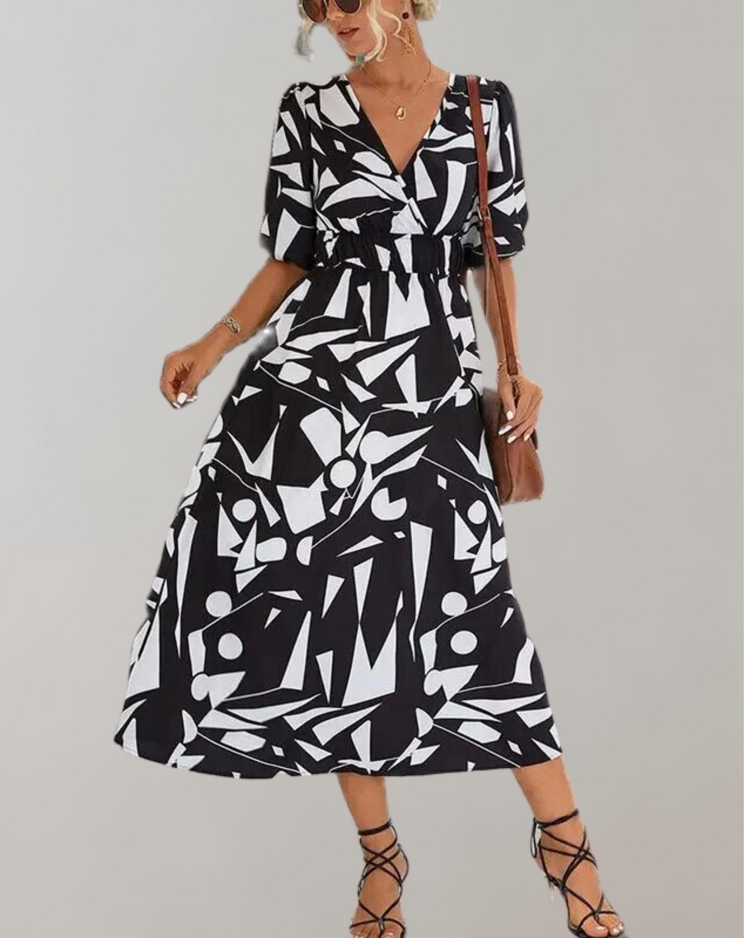 Women's Elegant Long Dress with Puff Sleeves and Geometric Design | Ideal for Summer