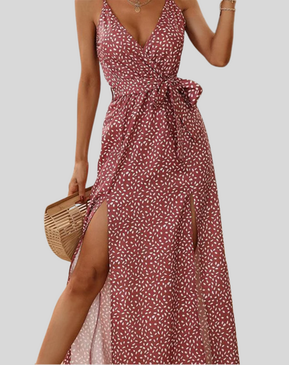 Women's Elegant Maxi Dress with Flowers and Slit | Ideal for Summer