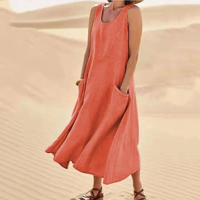 Women's Chic Sleeveless Linen Maxi Dress with Pockets | Ideal for Summer