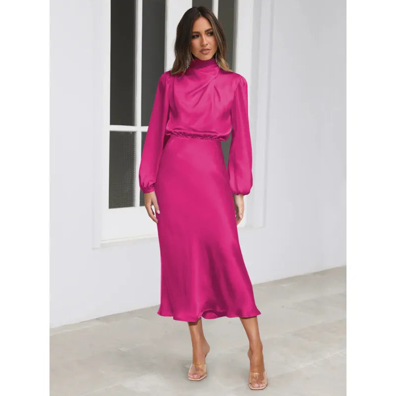 Women's Luxurious Satin High Neck Long Sleeve Dress | Ideal for Summer