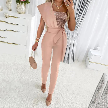 Women's Luxurious Jumpsuit with Bow Belt and Glitter Detail | Ideal for Summer