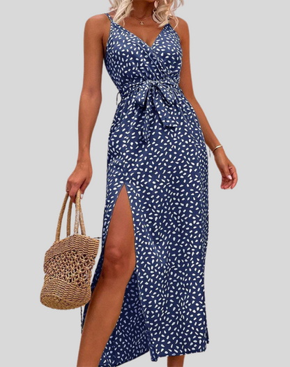 Women's Elegant Maxi Dress with Flowers and Slit | Ideal for Summer