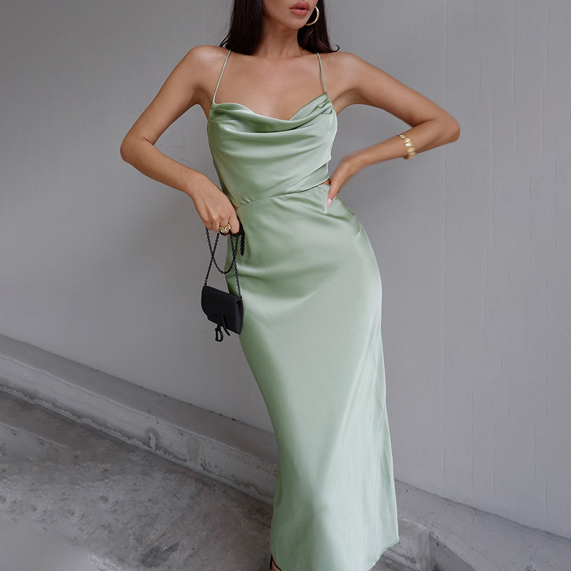 Women's Elegant Spaghetti Strap Satin Party Dress with Slit | Ideal for Summer