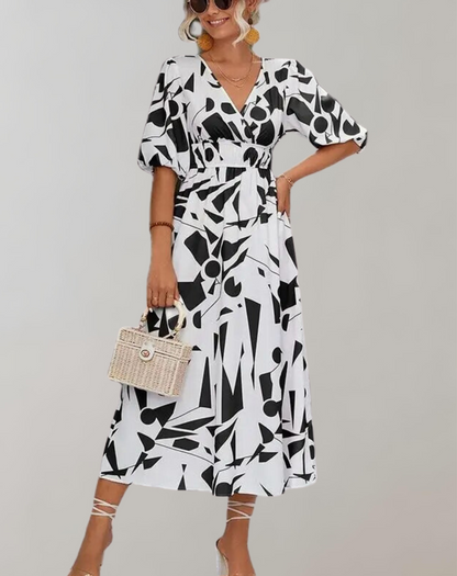 Women's Elegant Long Dress with Puff Sleeves and Geometric Design | Ideal for Summer