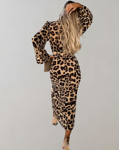 Women's Modern Deep V-Neck Leopard Dress with Slit | Ideal for Summer