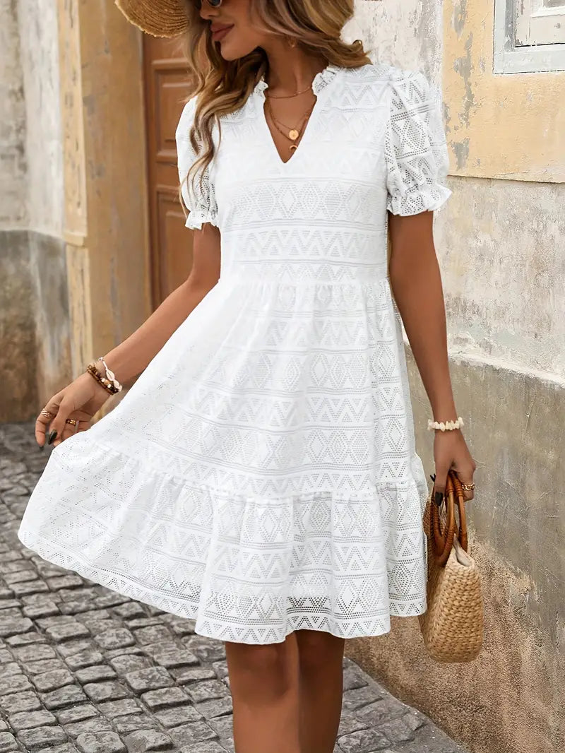 Women's Geometric White V-neck Lantern Sleeve Dress | Ideal for Summer