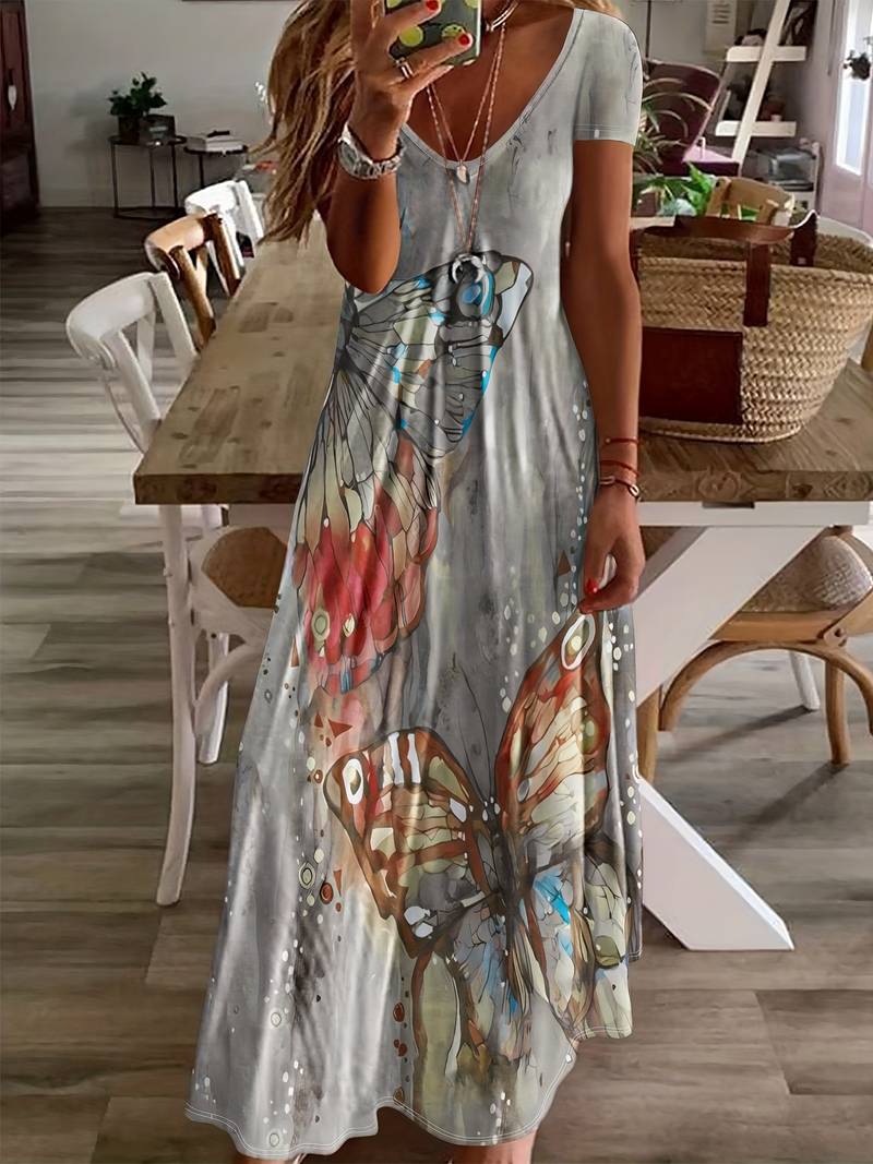 Women's Elegant V-Neck Dress with Butterfly Print | Ideal for Summer