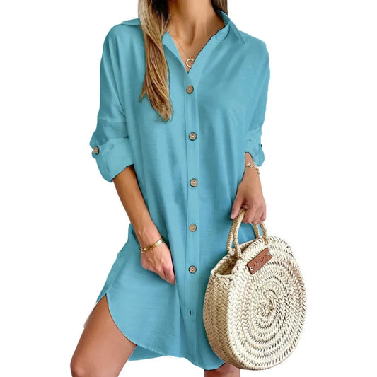 Women's Stylish Beach Shirt Dress with Pearl Buttons | Ideal for Summer