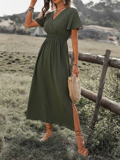 Women's Stretchy Green Waist V-neck Summer Dress | Ideal for Summer