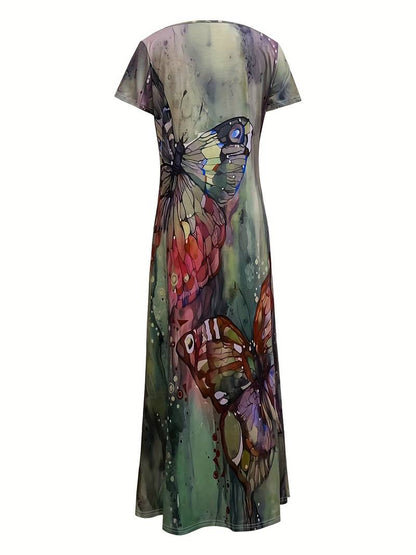 Women's Elegant V-Neck Dress with Butterfly Print | Ideal for Summer