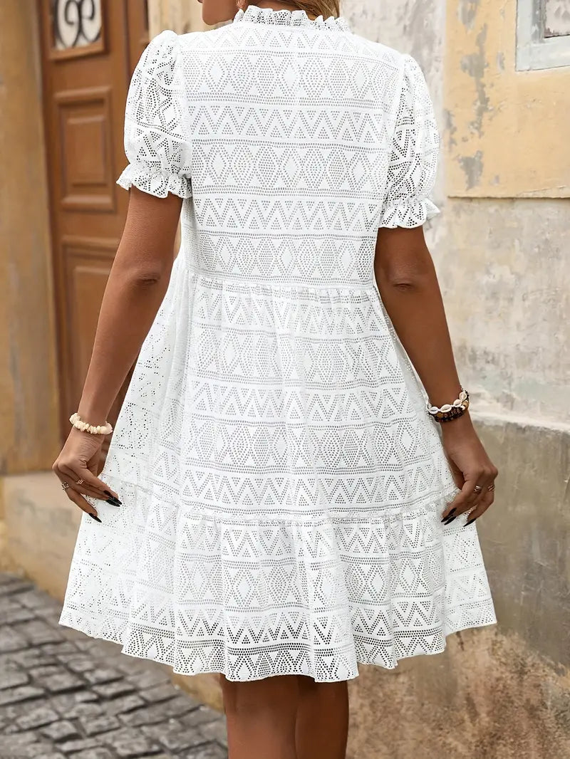 Women's Geometric White V-neck Lantern Sleeve Dress | Ideal for Summer