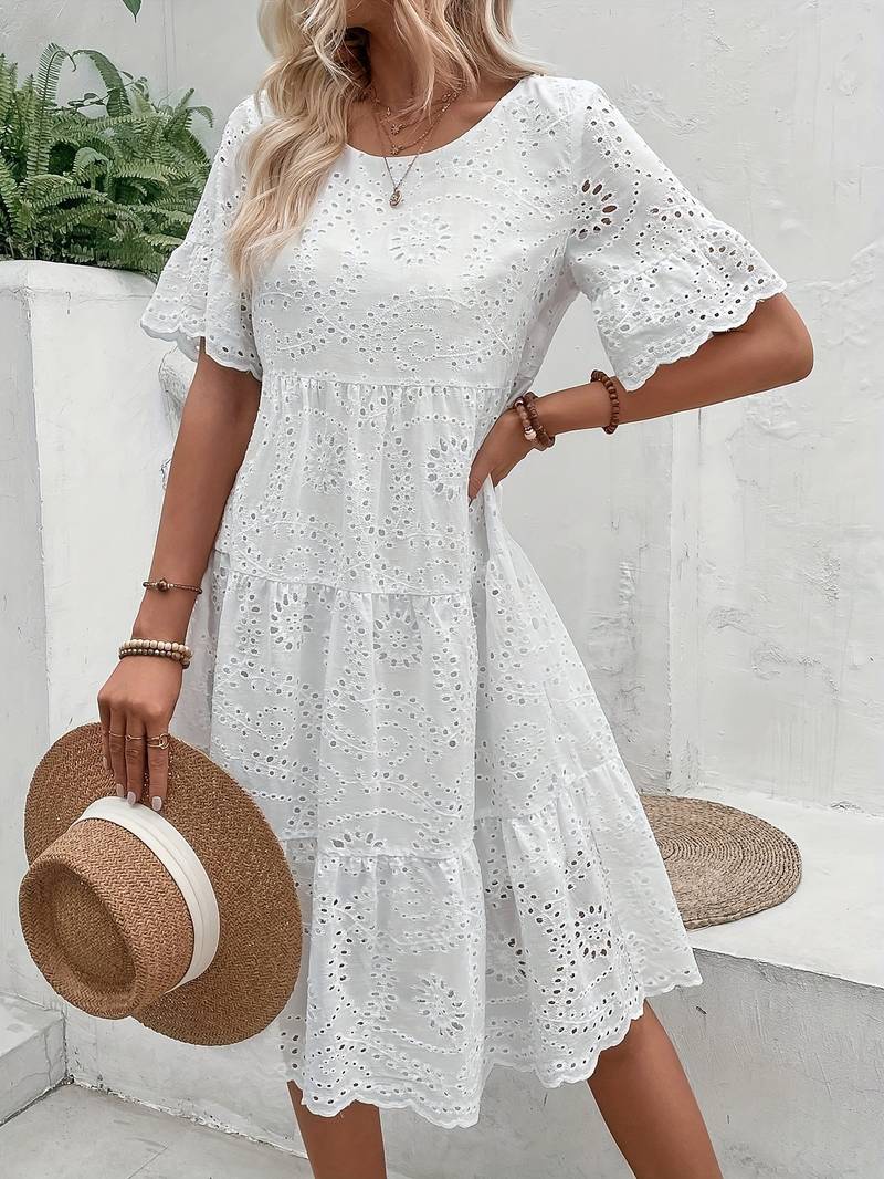 Women's Embroidery Eyelet Ruffle Hem Dress | Ideal for Summer