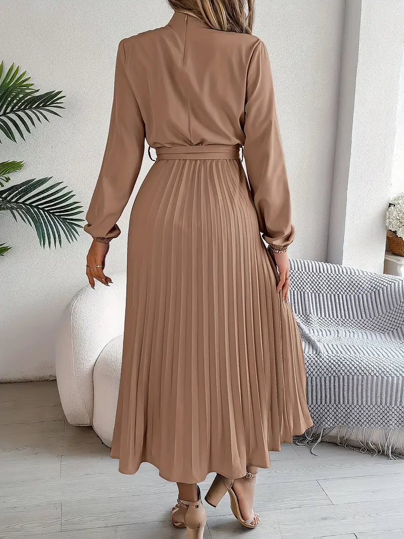 Women's Stylish Solid Colour Dress with Stand-Up Collar and Pleated Belt | Ideal for Summer