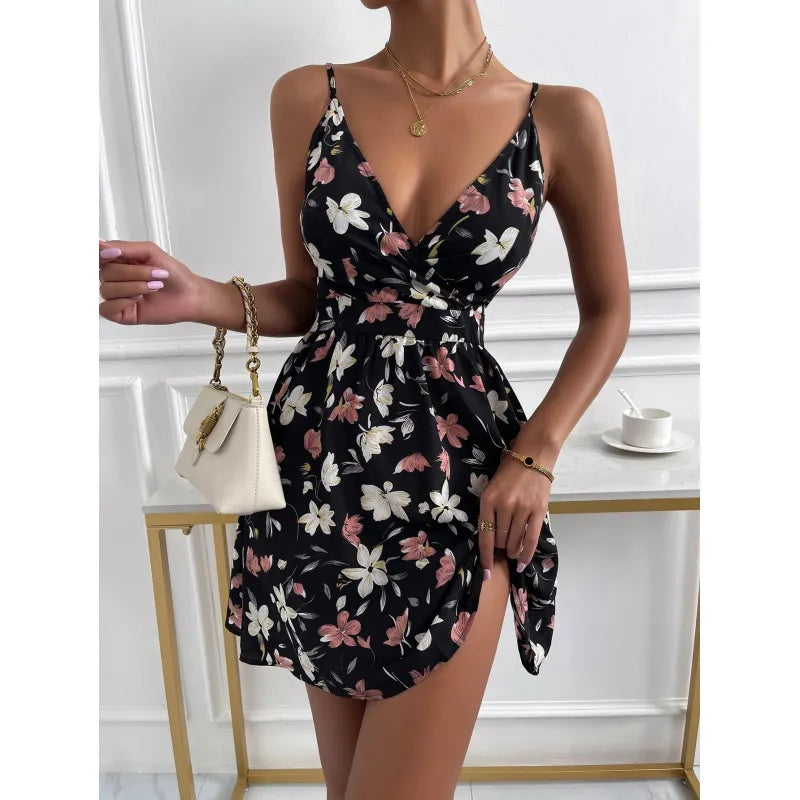 Women's Classic Floral Print Black Sleeveless Mini Dress | Ideal for Summer