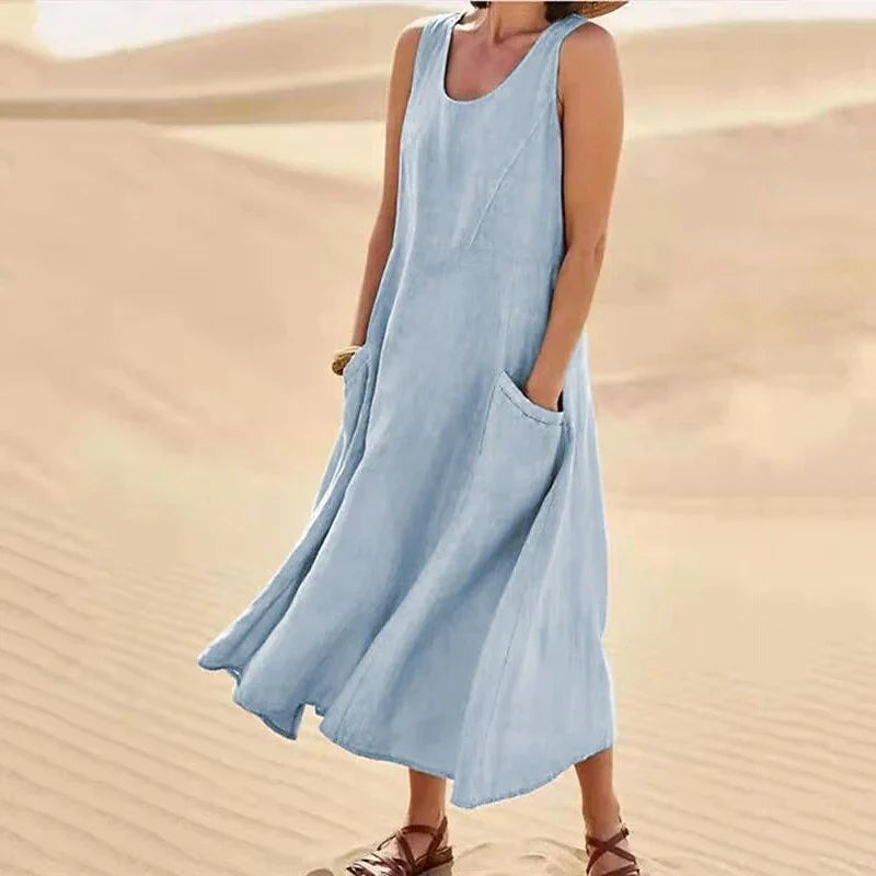 Women's Chic Sleeveless Linen Maxi Dress with Pockets | Ideal for Summer