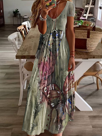 Women's Elegant V-Neck Dress with Butterfly Print | Ideal for Summer