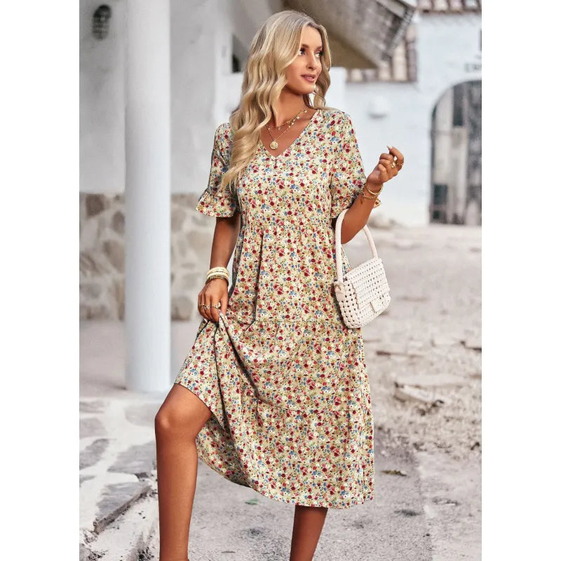 Women's Stylish Trendy Short Sleeve V-Neck Maxi Dress with Floral Design | Ideal for Summer