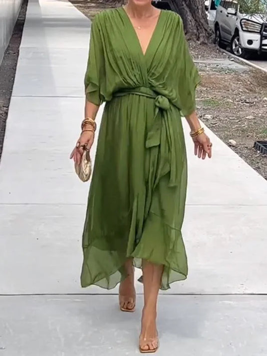 Women's Modern Green Chiffon Dress with V-Neck | Ideal for Summer