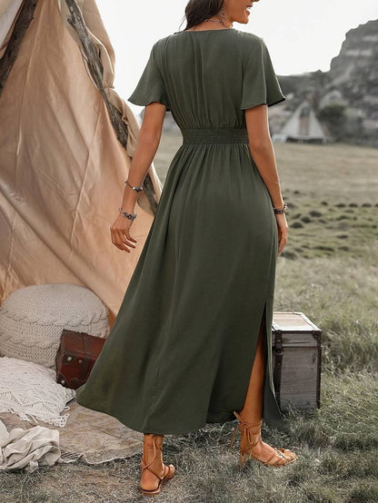 Women's Stretchy Green Waist V-neck Summer Dress | Ideal for Summer