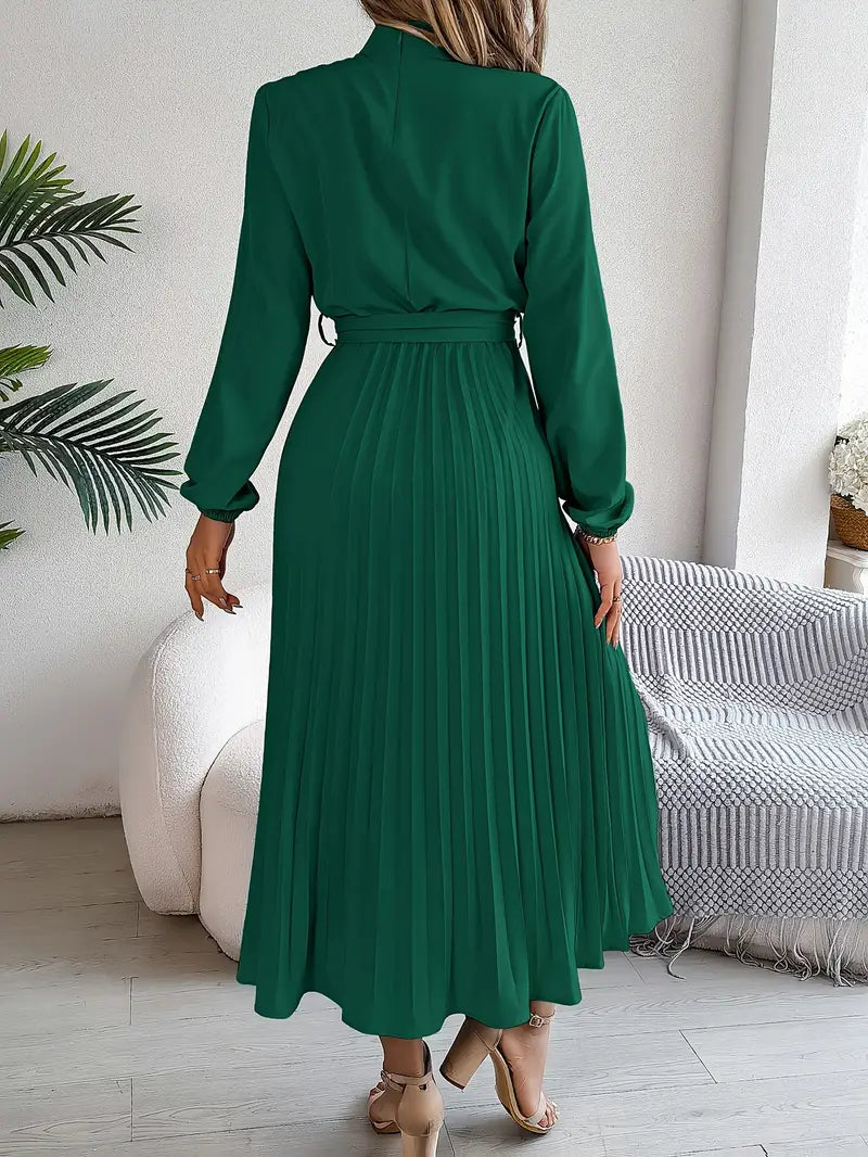 Women's Stylish Solid Colour Dress with Stand-Up Collar and Pleated Belt | Ideal for Summer