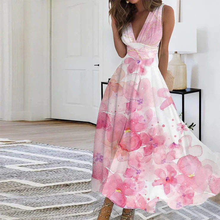 Women's Elegant Floral Pink V-neck Sleeveless Maxi Dress | Ideal for Summer