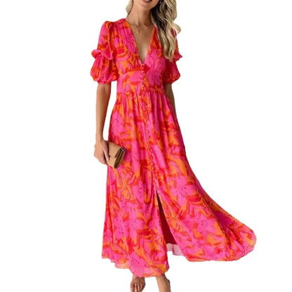 Women's Trendy Rose Print Maxi Dress with Deep V-Neck | Ideal for Summer