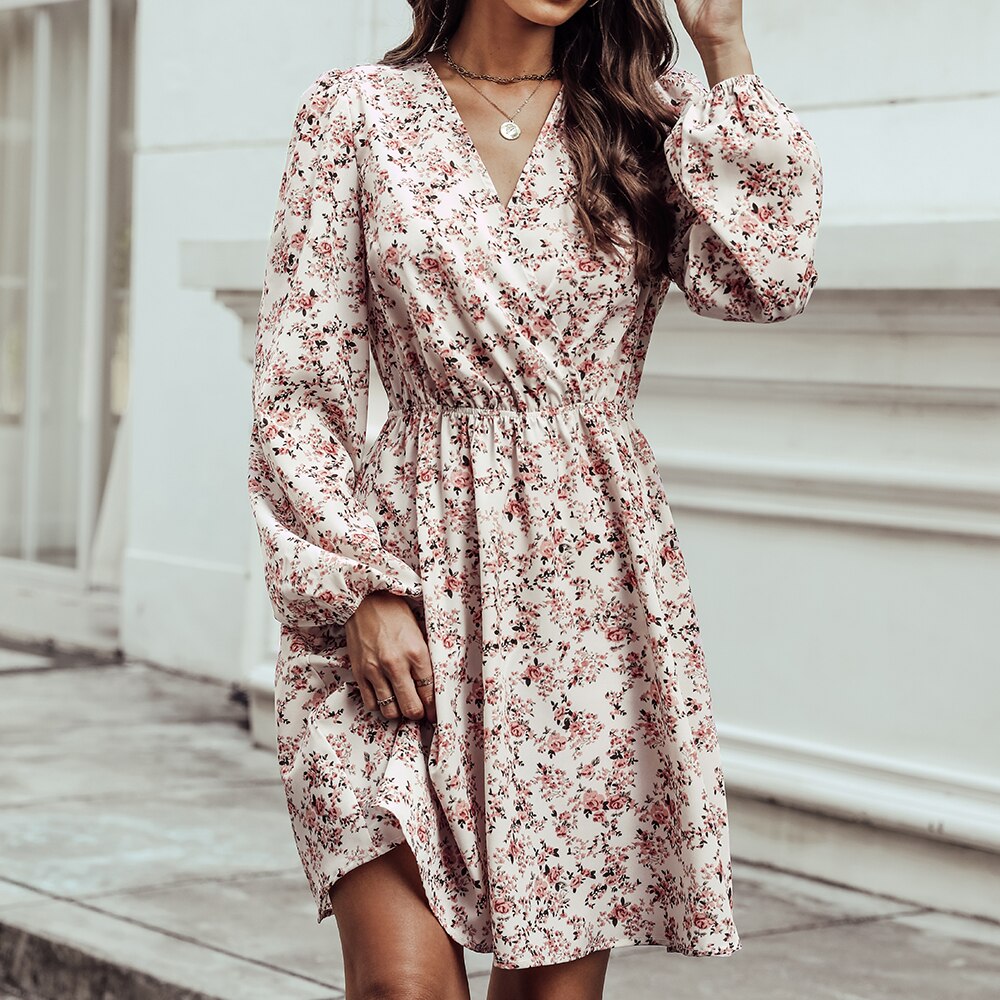 Women's Elegant Floral Deep V-neck Mini Dress with Floral Print | Ideal for Summer