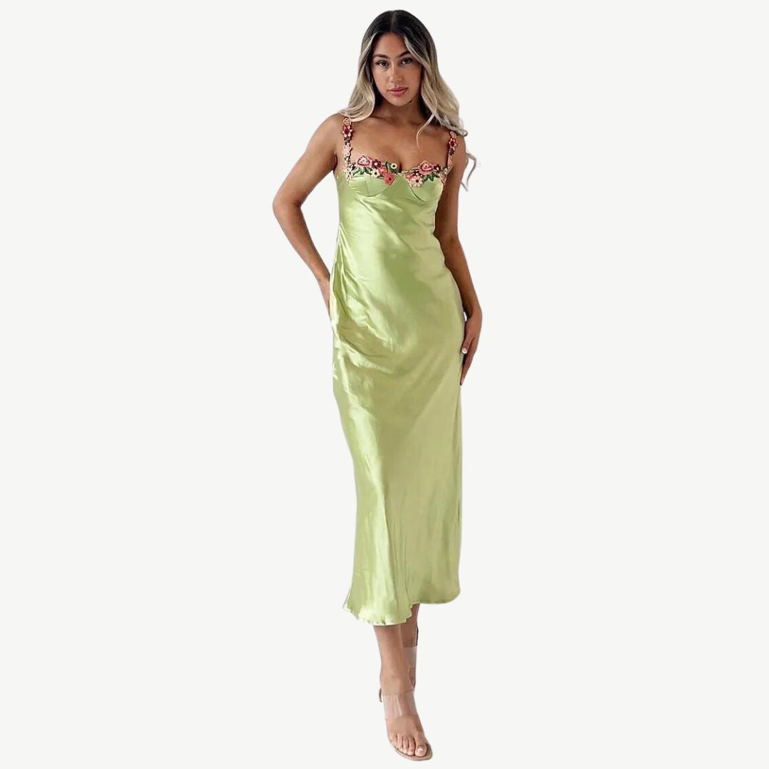 Women's Elegant Slim Fit Satin Slip Dress with Floral Strap | Ideal for Summer