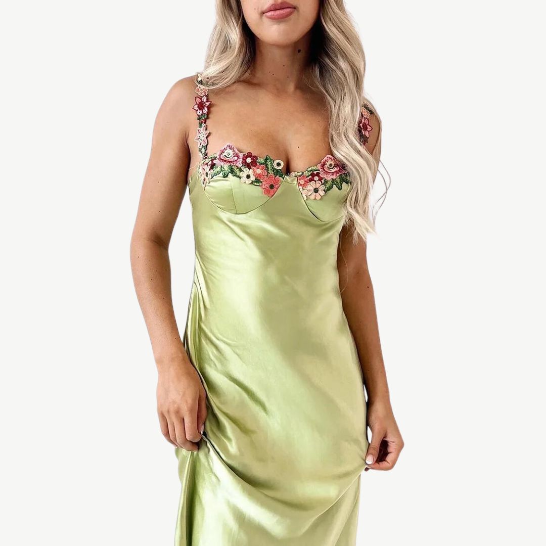 Women's Elegant Slim Fit Satin Slip Dress with Floral Strap | Ideal for Summer