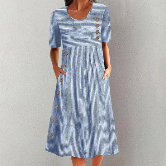 Women's Classic Striped Midi Dress with Buttons | Ideal for Summer