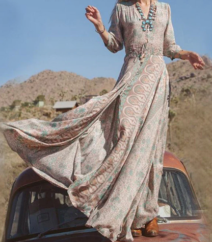 Women's Vintage Long V-Neck Maxi Dress with Front Slit | Ideal for Summer