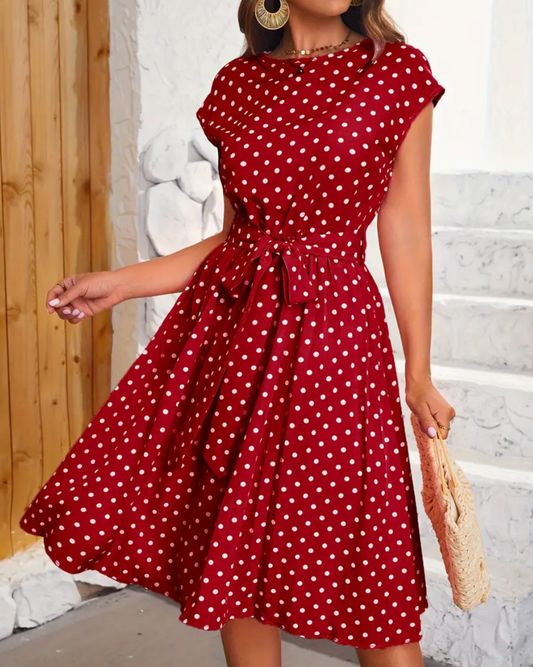 Women's Beautiful Vintage Polka Dot Sleeveless Dress with Ribbon | Ideal for Summer