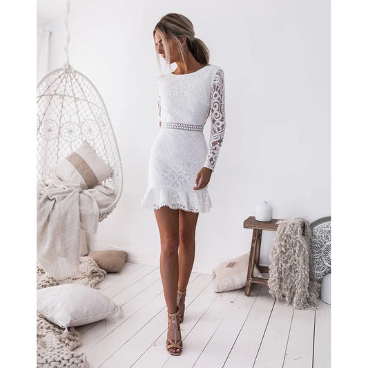 Women's Elegant White Lace Dress with Open Back | Ideal for Summer