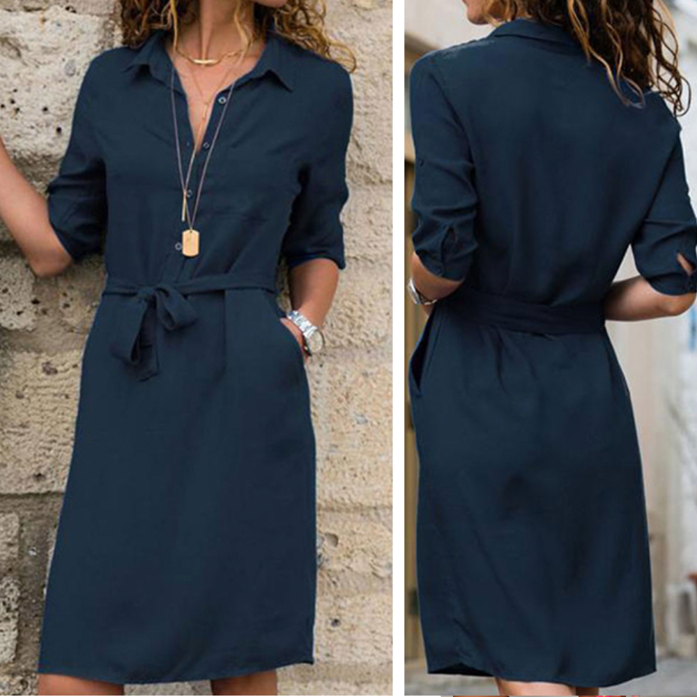 Women's Stylish Solid Colour Dress with Buttons and Ribbon | Ideal for Summer