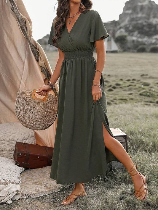 Women's Stretchy Green Waist V-neck Summer Dress | Ideal for Summer