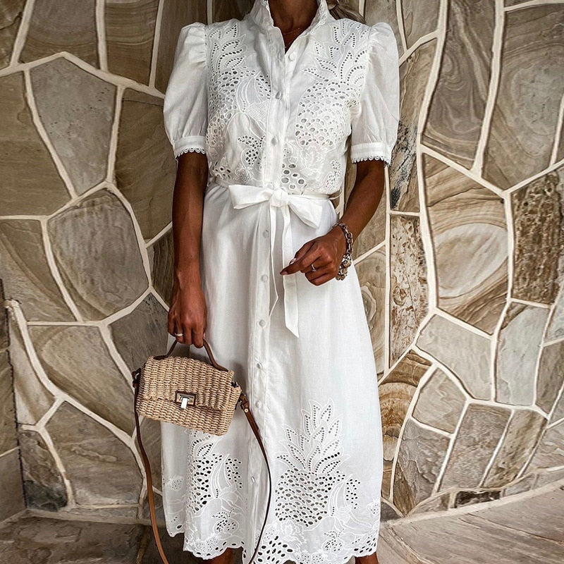 Women's Chic White Embroidered Maxi Dress