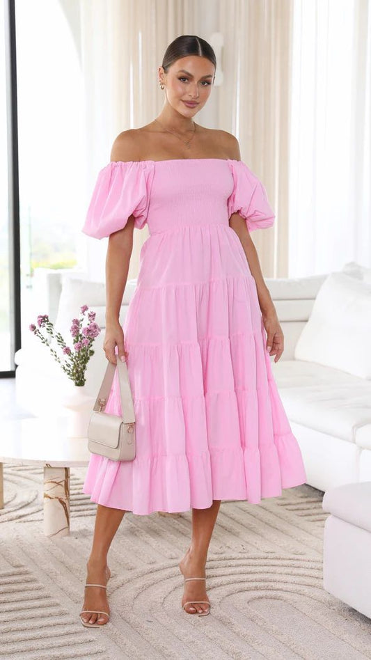 Women's Lovely Pink Off-Shoulder Midi Dress