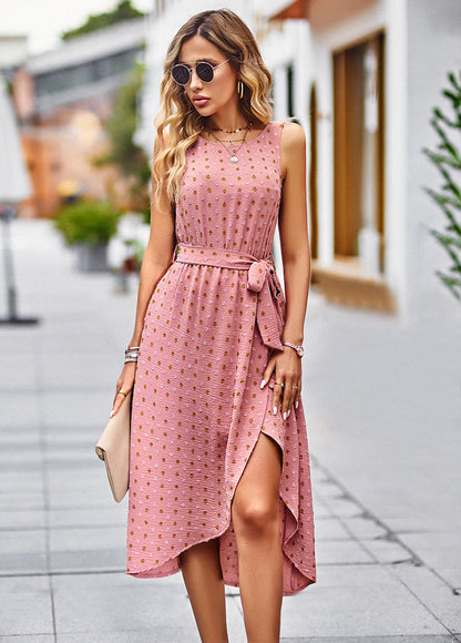 Women's Elegant Pink Midi Dress with Polka Dots