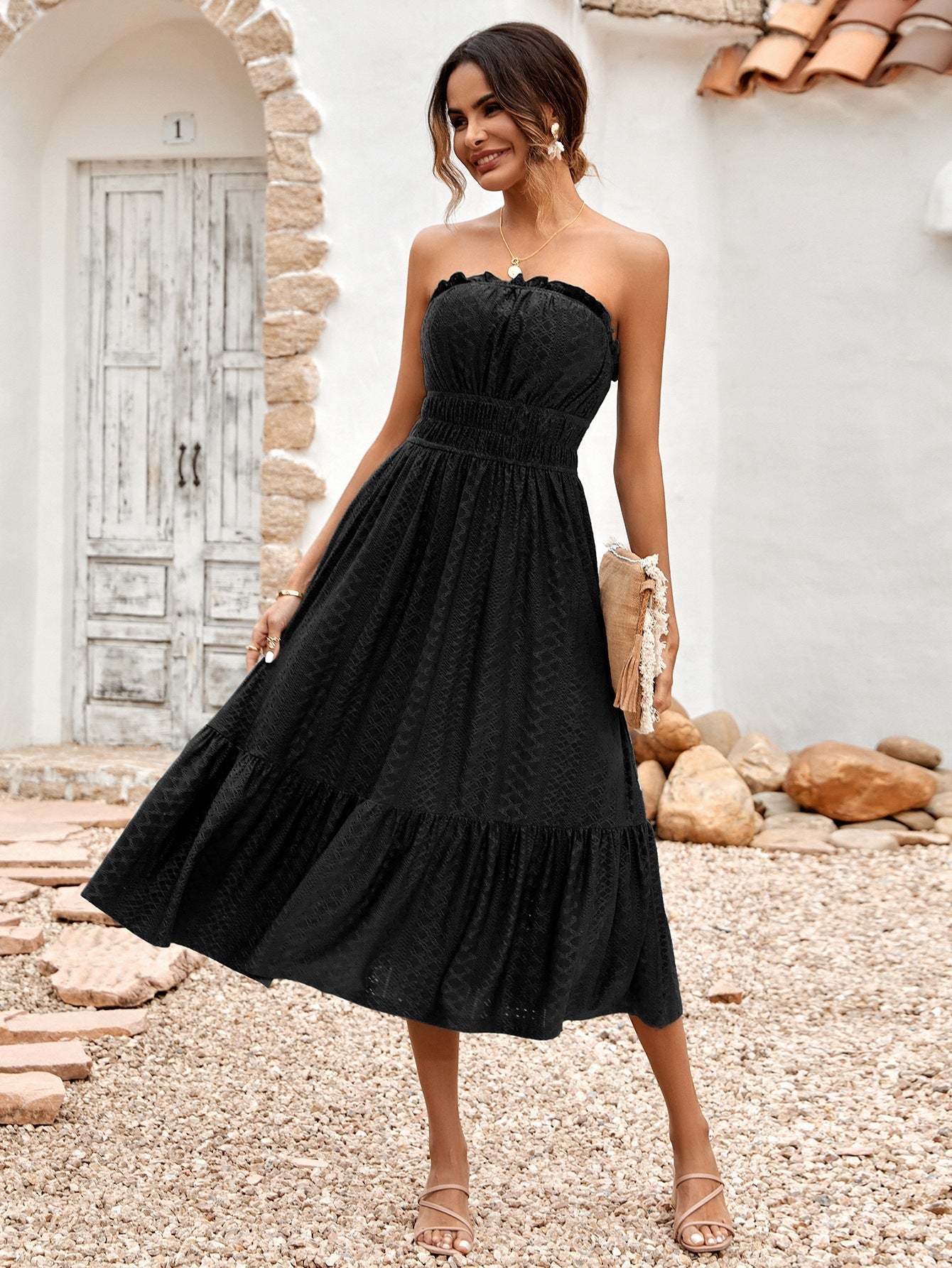 Women's Elegant Black Strapless Midi Dress