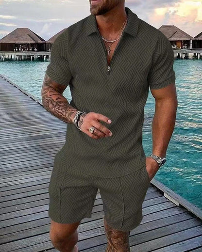 Men's Stylish Zip-Up Shirt and Shorts Set with Collar | Ideal for Spring/Summer