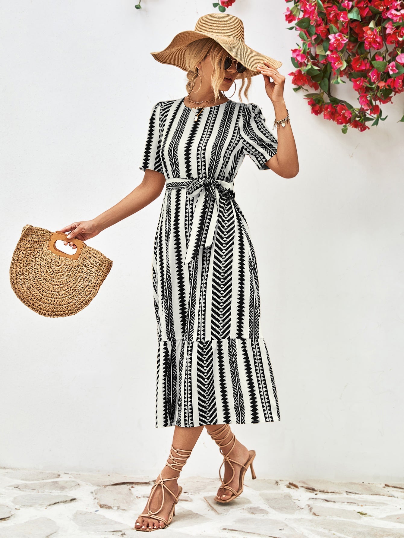 Women's Modern Black and White Striped Midi Dress