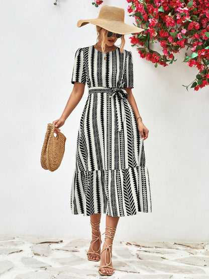 Women's Modern Black and White Striped Midi Dress