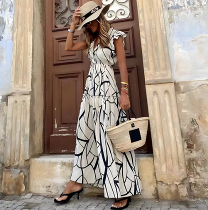 Women's Comfortable White Abstract Print V-neck Ruffle Maxi Dress | Ideal for Summer