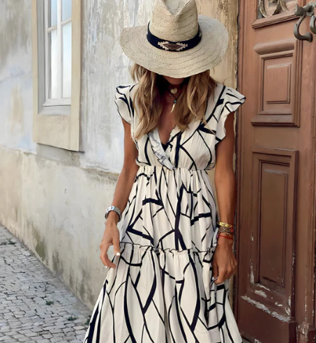 Women's Comfortable White Abstract Print V-neck Ruffle Maxi Dress | Ideal for Summer