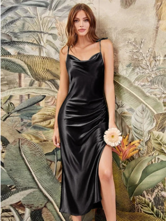 Women's Elegant Spaghetti Strap Satin Party Dress with Slit | Ideal for Summer